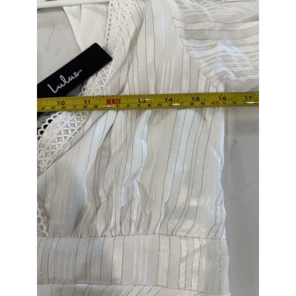 Lulu Adorable Essence White Striped Puff Sleeve Mini Dress Womans M V-neck NWT - Picture 10 of 12